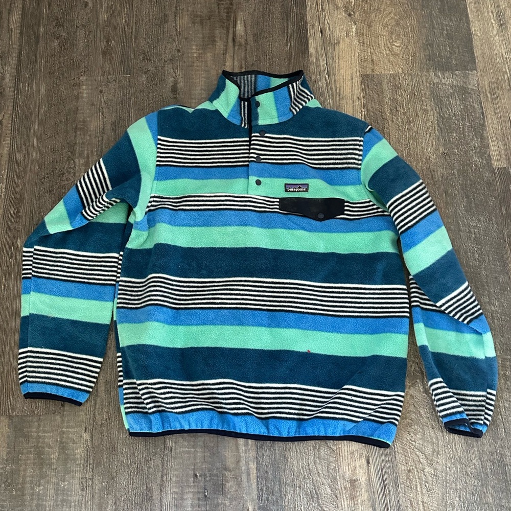 Rare Patagonia Womens XL Synchilla Snap T Fleece Pullover Sweater Blue Stripes